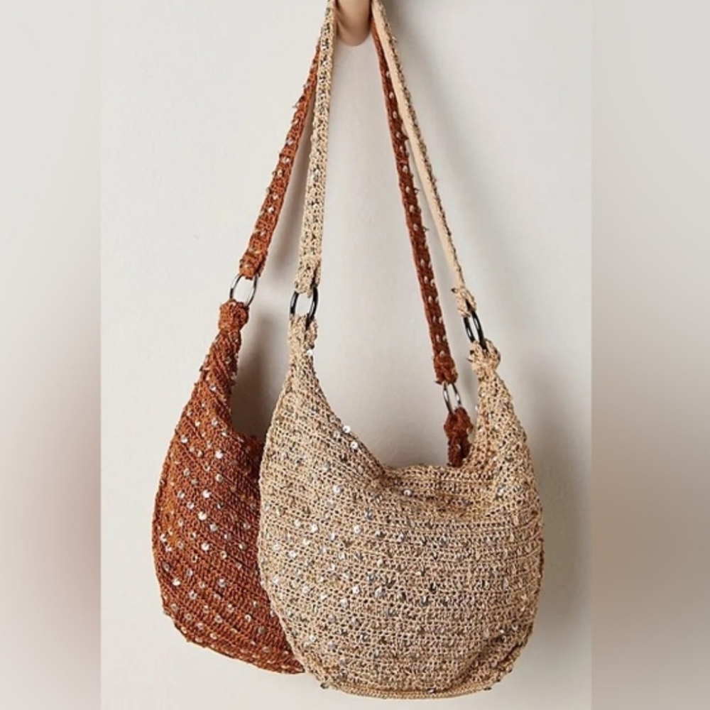 Free People Catch My Shimmer Bronze Woven Boho Sling Tote Bag Sequin